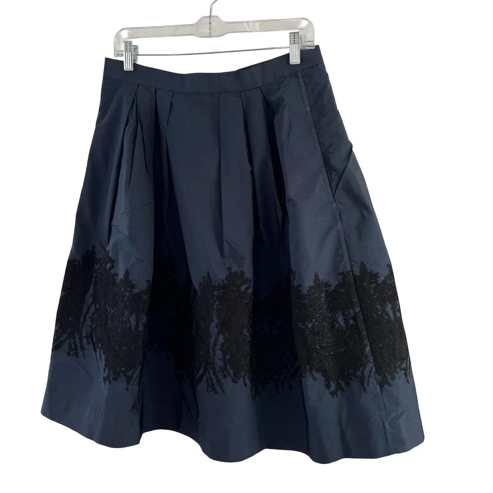 Sara Roka Skirt Womens 42 Navy Black‎ Enny Embroidered Midi Made Italy Pockets